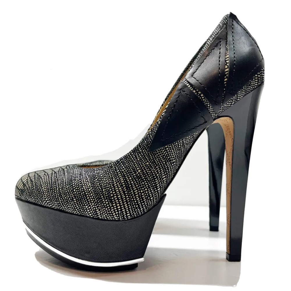 L.A.M.B. Stitched Mesh Leather Black Platform Pumps Size 6 M